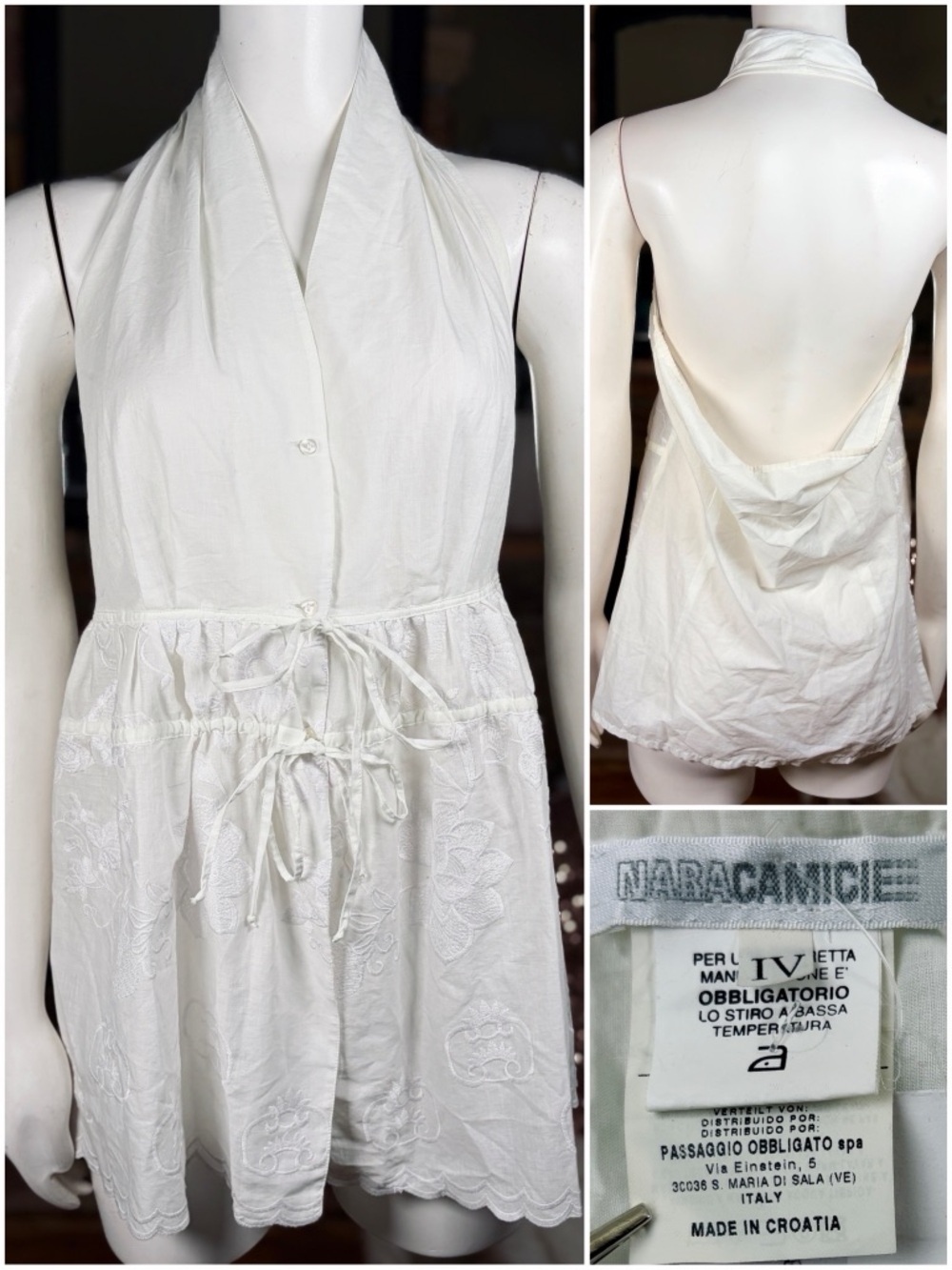 Naracamicie White Cotton Embroidered Floral Halter Top w/ Button Accent, Sz M